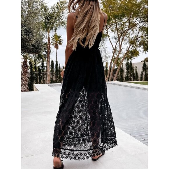 🆕Women Black Cotton Ruching Smocking Jumpsuit Summer Slip V-Neck Backless Maxi - Picture 2 of 4